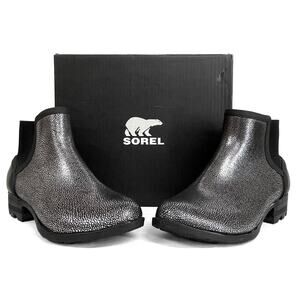 Sorel Janey Chelsea Boots Sz 10 Black Silver Short Ankle Rubber Rain Booties